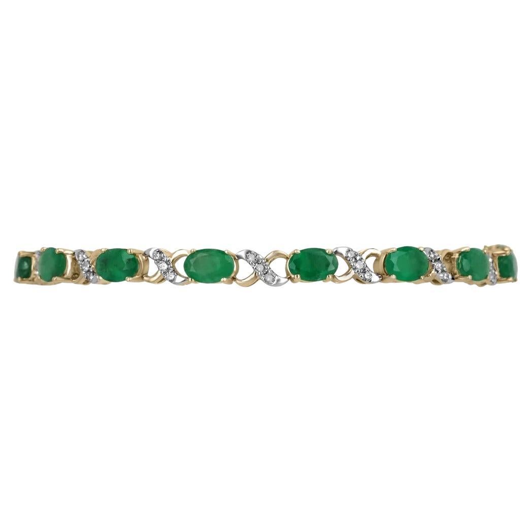 7.03tcw 14K Dark Green Oval Cut Emerald & Round Diamond Fancy X Link Bracelet For Sale