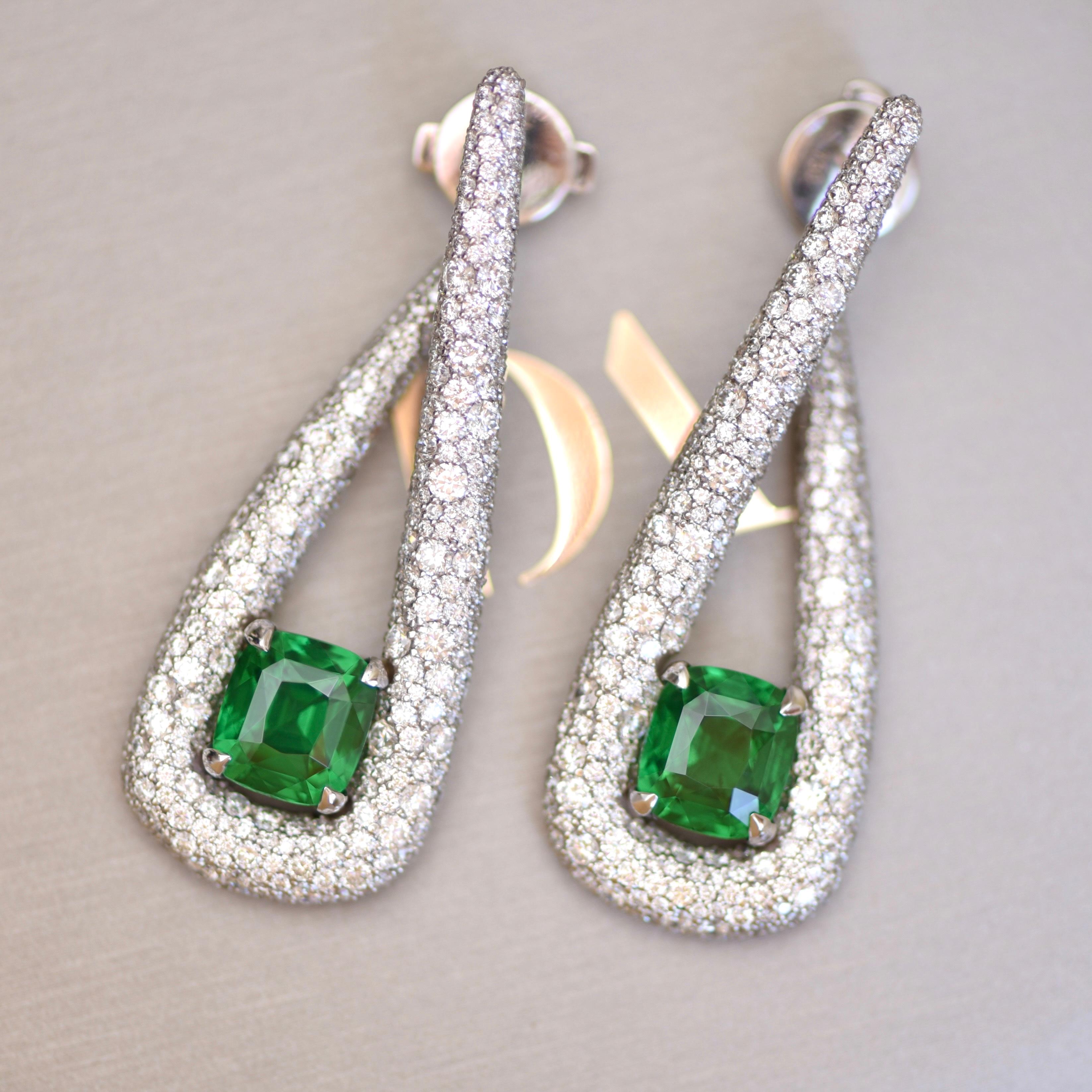 Modern 7.04 Carat Natural Emerald Diamonds 18 Karat White Gold Earrings by D&a For Sale