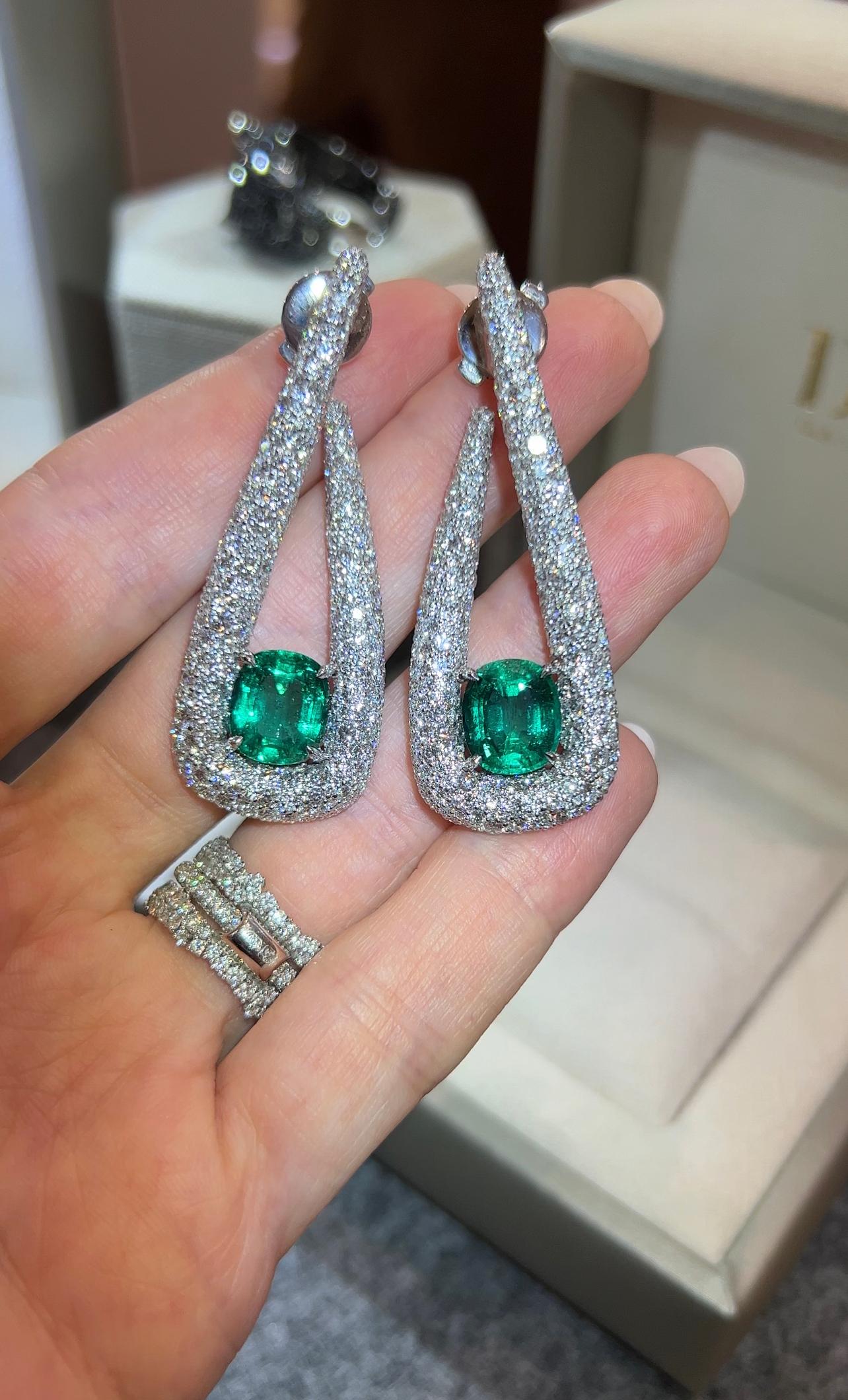 Cushion Cut 7.04 Carat Natural Emerald Diamonds 18 Karat White Gold Earrings by D&a For Sale
