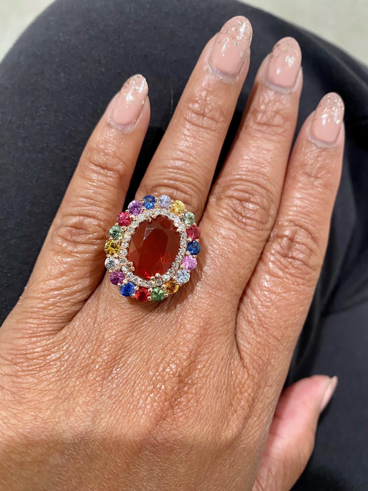 Oval Cut 7.04 Carat Natural Fire Opal Sapphire and Diamond Rose Gold Cocktail Ring For Sale