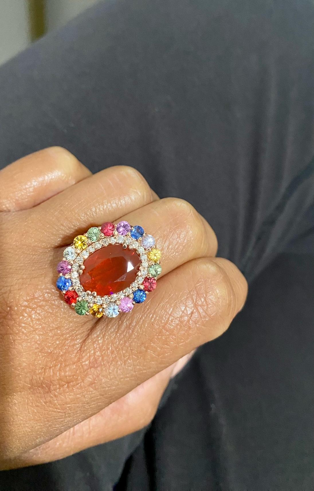 7.04 Carat Natural Fire Opal Sapphire and Diamond Rose Gold Cocktail Ring In New Condition For Sale In Los Angeles, CA