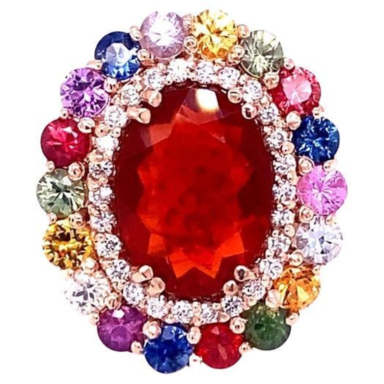 7.04-Carat Natural Fire Opal, Sapphire, Diamond and Rose-Gold Cocktail Ring, 2023
