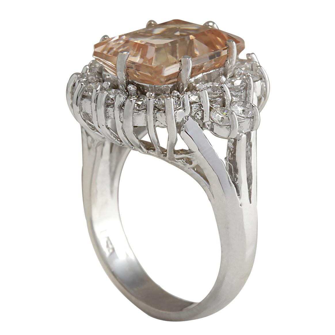 Emerald Cut Natural Morganite Diamond Ring In 14K White Gold  For Sale