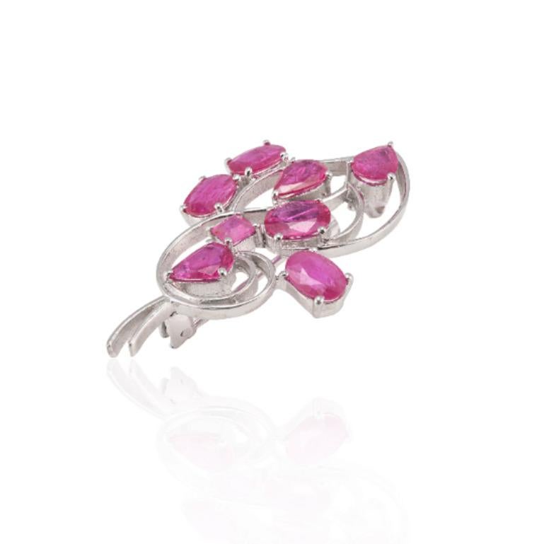 Modern 7.04 Carats Ruby Floral Engagement Brooch in Sterling Silver  For Sale