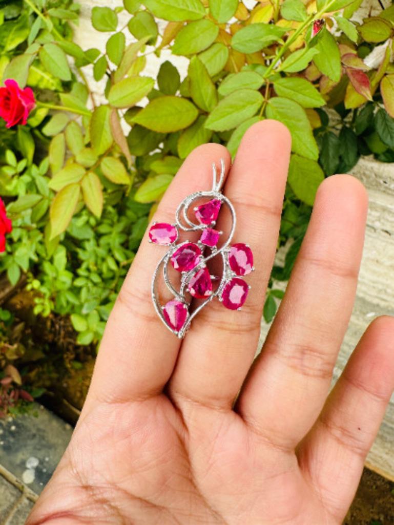 Mixed Cut 7.04 Carats Ruby Floral Engagement Brooch in Sterling Silver  For Sale