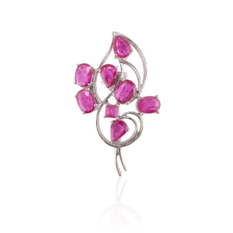 7.04 Carats Ruby Floral Engagement Brooch in Sterling Silver  For Sale 1