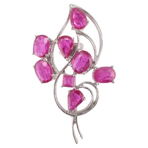 7.04 Carats Ruby Floral Engagement Brooch in Sterling Silver  For Sale