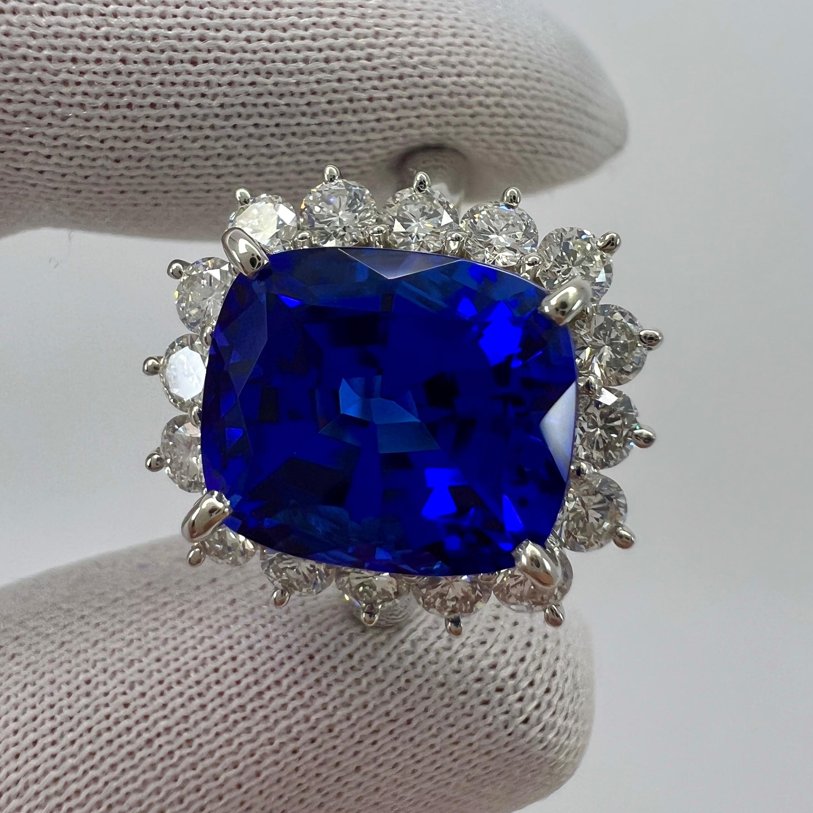 Fine Natural Vivid Blue Violet Tanzanite Cushion Cut Platinum Cocktail Ring.

7.04 Total carat. The fine tanzanite centre stone weighs 5.99 carat and has an absolutely stunning top grade vivid violetish blue colour and excellent clarity. Practically