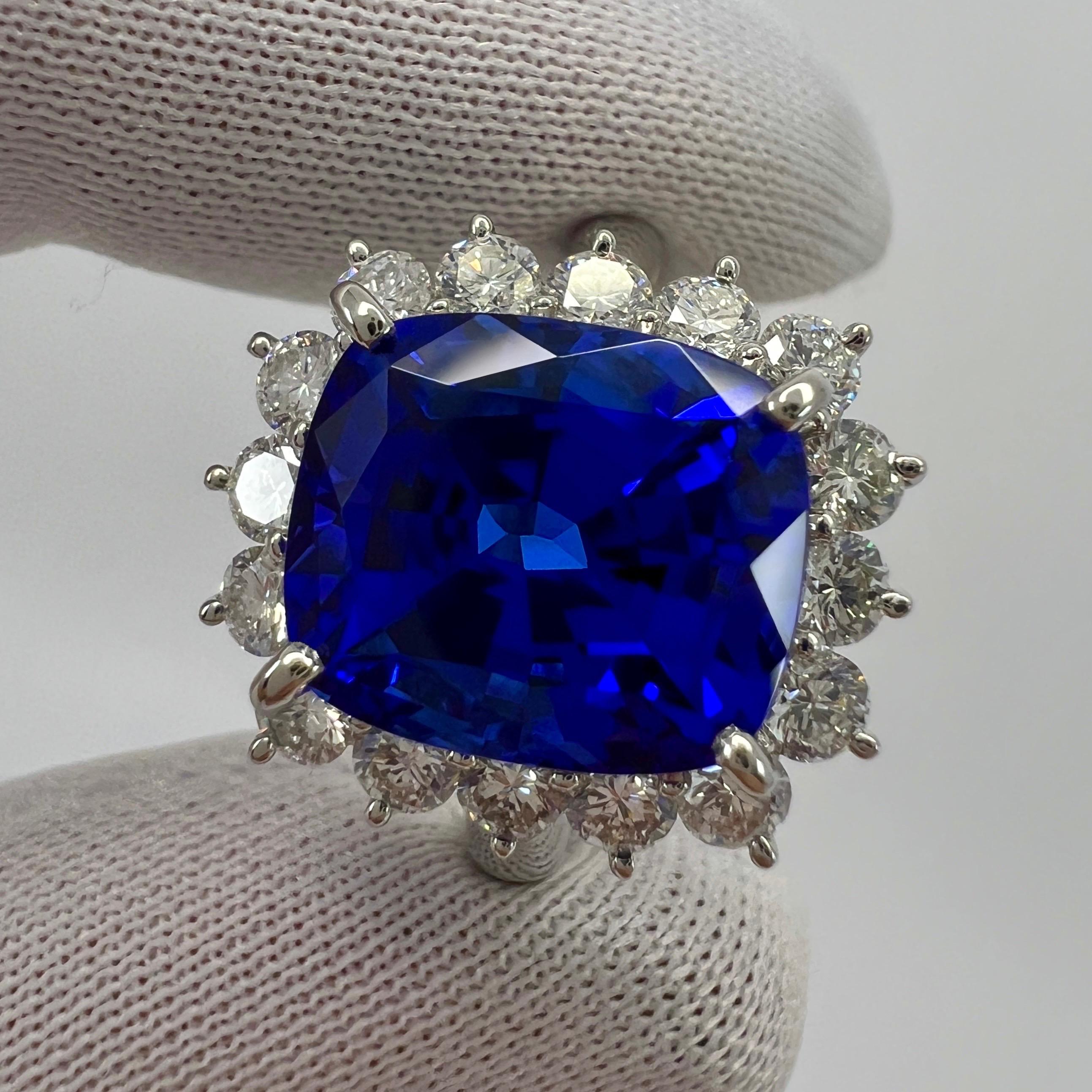 Women's or Men's 7.04ct Natural Vivid Blue Violet Tanzanite Cushion Cut Diamond Cocktail Ring