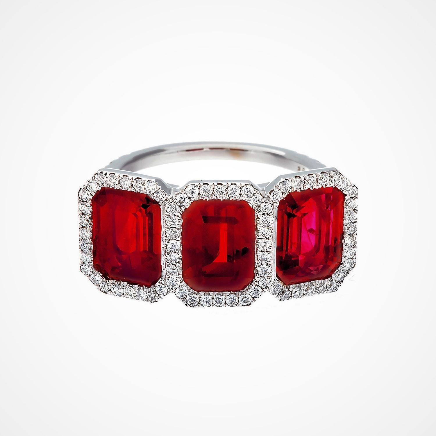 Emerald Cut 7.05 Carat 3-Stone Burma Ruby and Diamond Ring For Sale