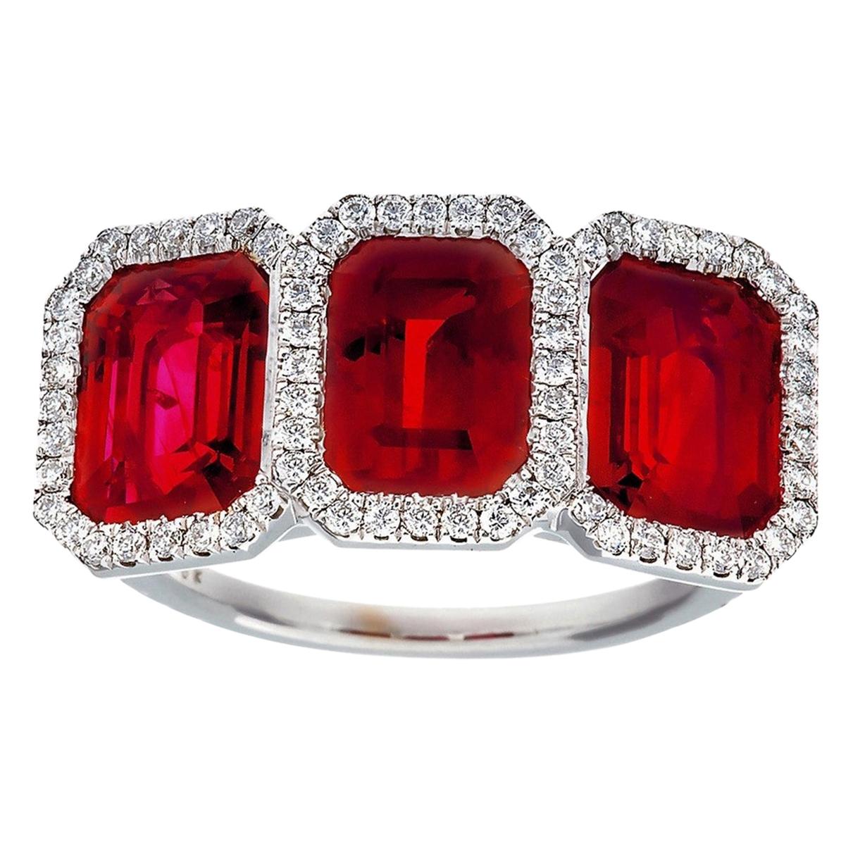 7.05 Carat 3-Stone Burma Ruby and Diamond Ring For Sale