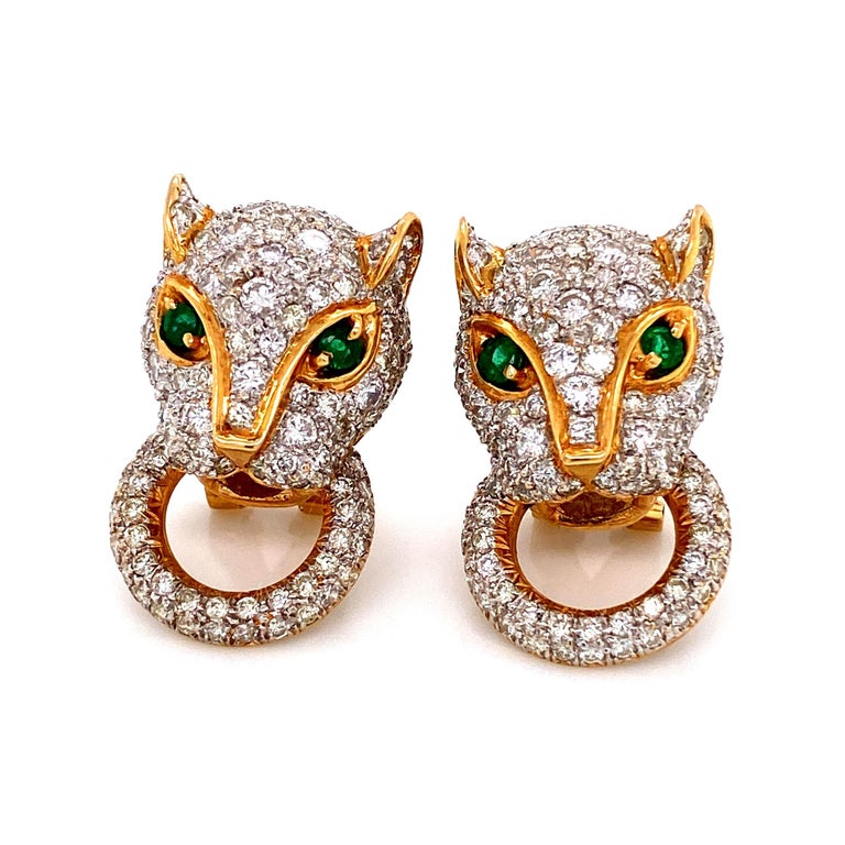 7.05 Carat Diamond Panther Door Knocker Gold Earrings Estate Fine