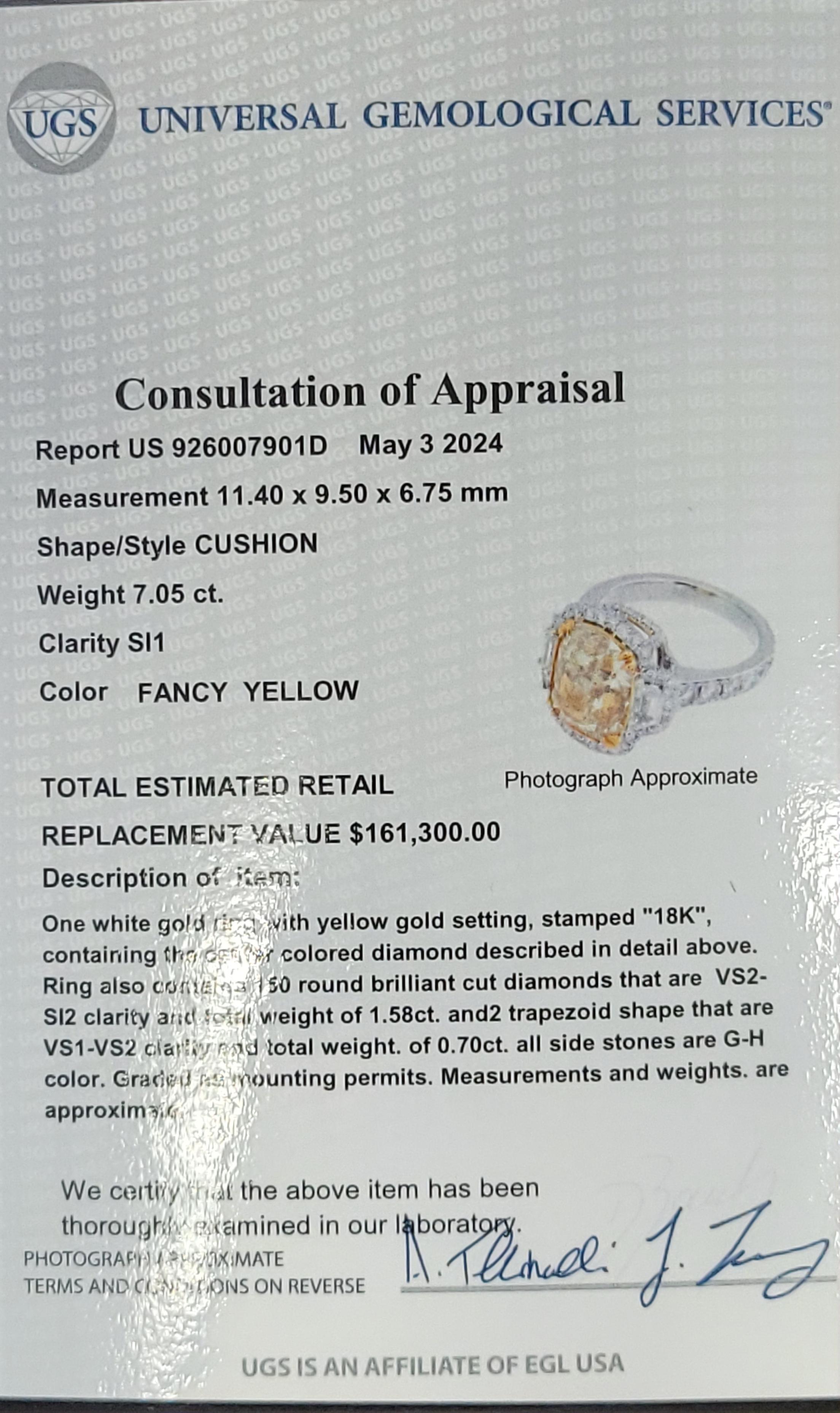 EGL Certified 7.05 Carat Fancy Intense Yellow SI1 Cushion Cut Halo Diamond Ring For Sale 1