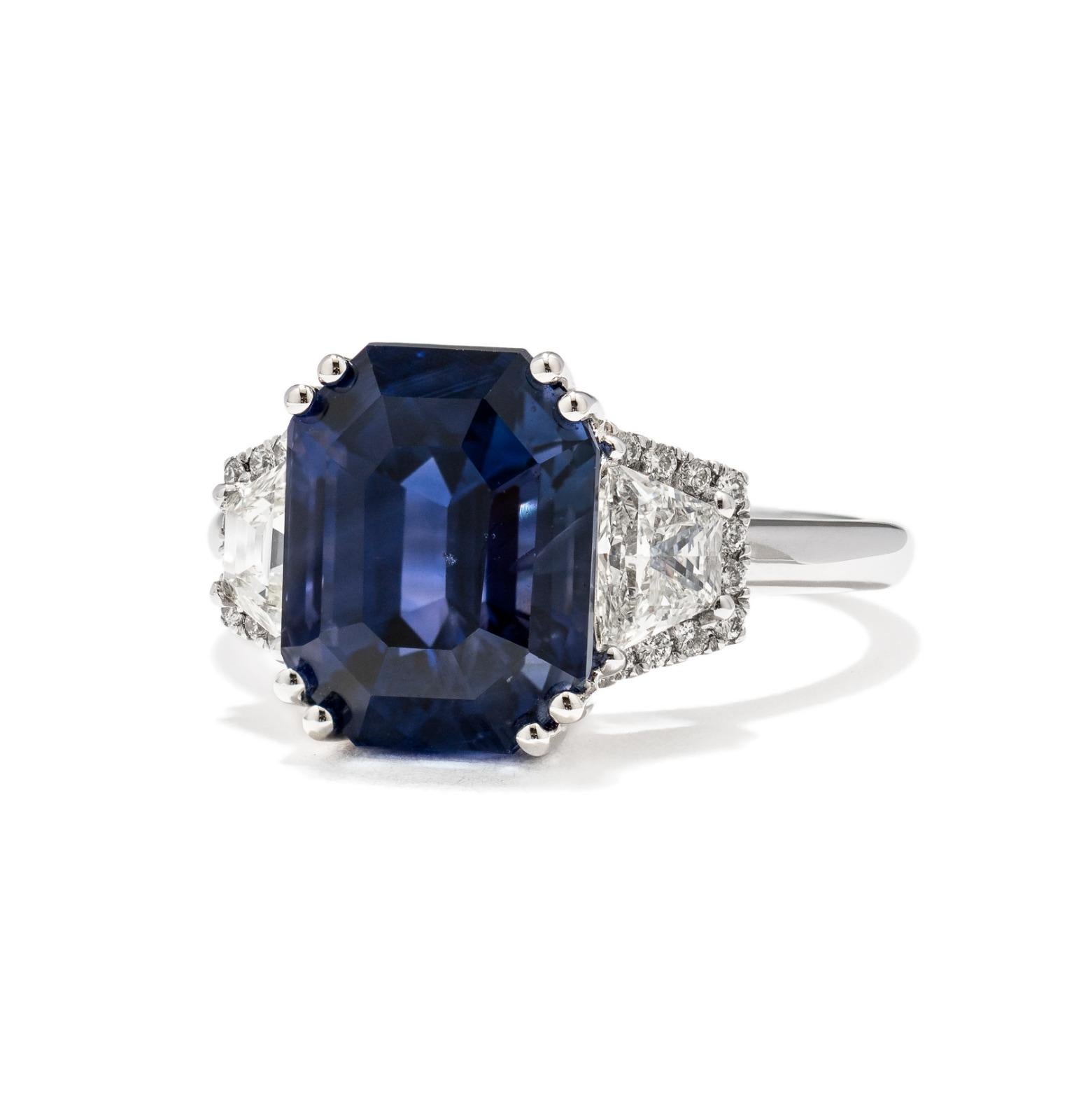 Art Deco 7.05 Carat Royal Blue Sapphire GRS Certified Non Heated Diamond Ring Octagon Cut