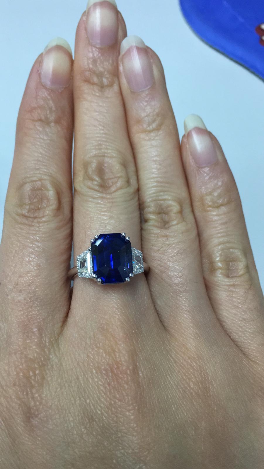 Cushion Cut 7.05 Carat Royal Blue Sapphire GRS Certified Non Heated Diamond Ring Octagon Cut