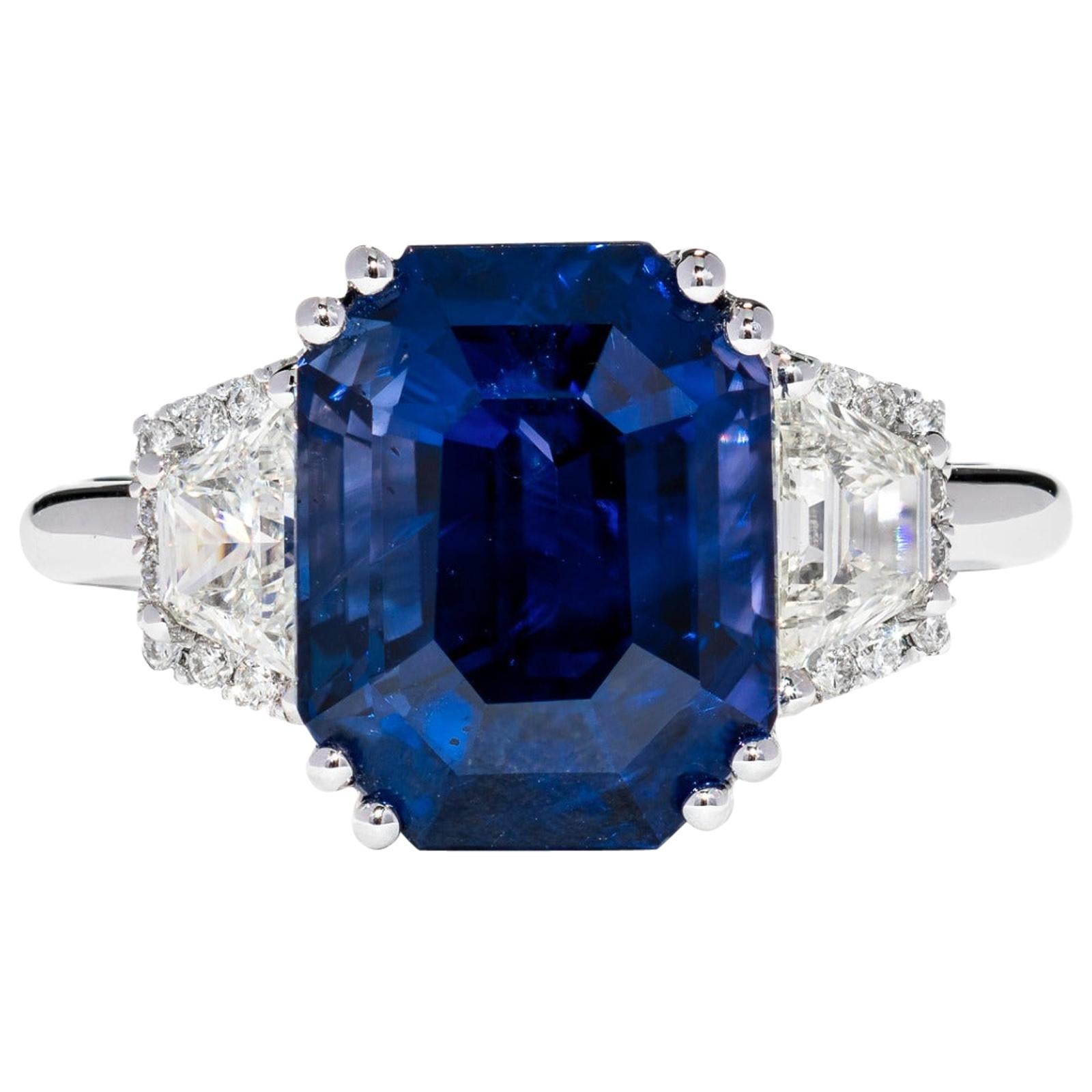 7.05 Carat Royal Blue Sapphire GRS Certified Non Heated Diamond Ring Octagon Cut