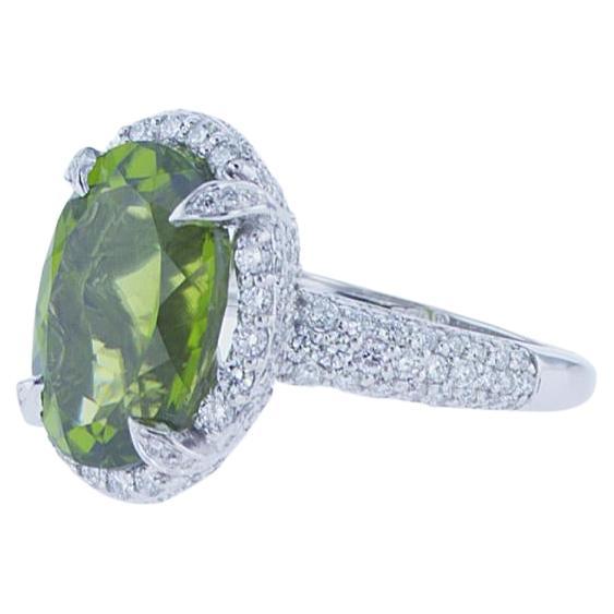 7.05 Carat Oval Peridot Cocktail Ring in 18k White Gold with Palladium For Sale