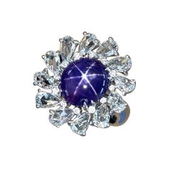 7.05 Carat Purple Star Sapphire Rose Cut Diamond Cocktail Ring, Top Gem Quality