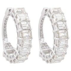 7.05 Carat Round & Emerald Cut Diamond Hoop Earrings 18 Karat White Gold Jewelry