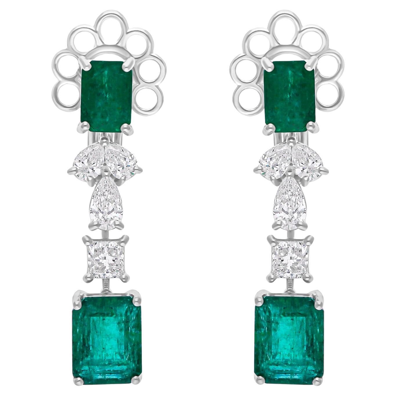 7.05 Carat Zambian Emerald 1.66 Ct Multi Shape Diamond 18k White Gold Earrings