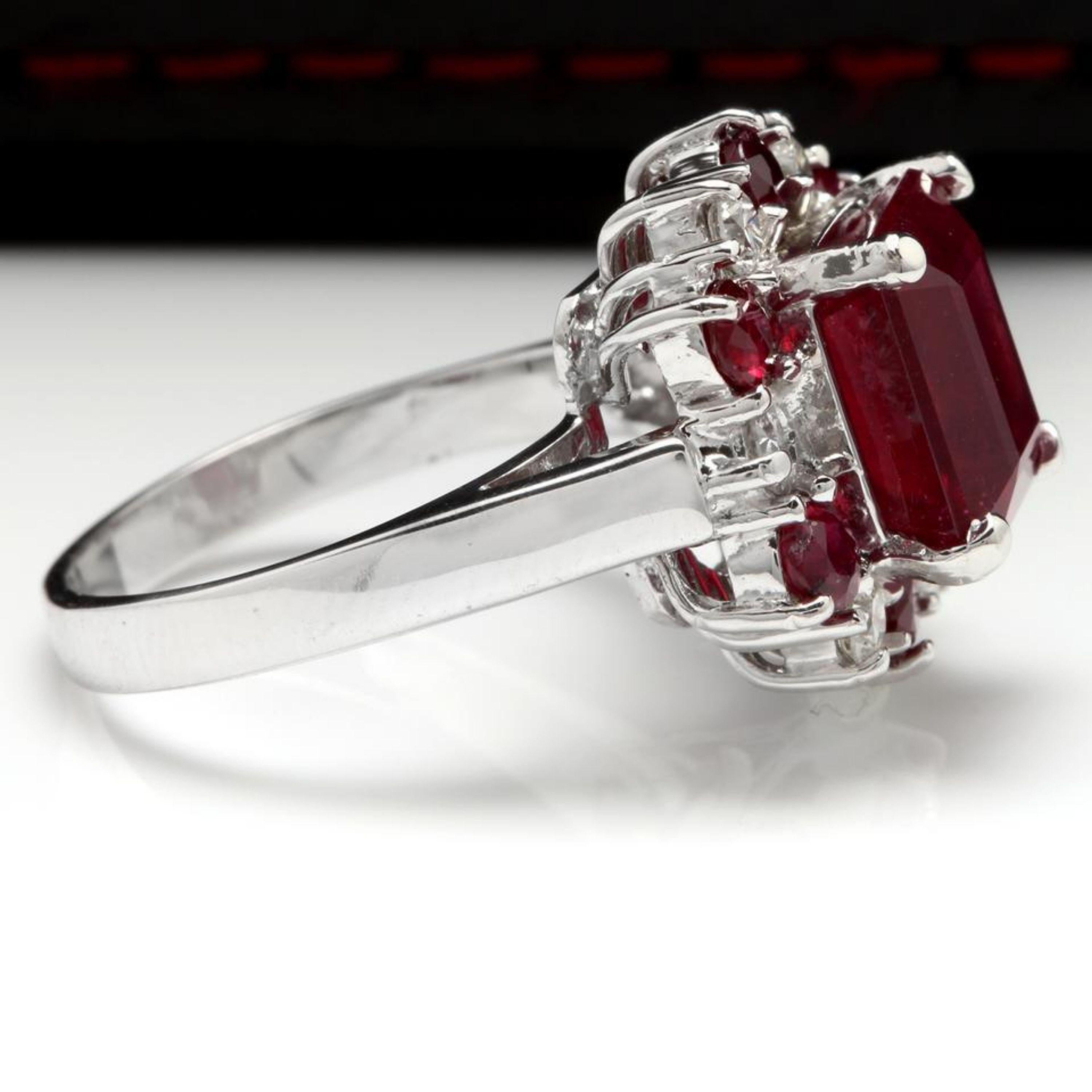 Mixed Cut 7.05 Carat Impressive Natural Red Ruby and Diamond 14 Karat White Gold Ring For Sale