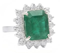 7.05 Carats Natural Emerald and Diamond 14K Solid White Gold Ring