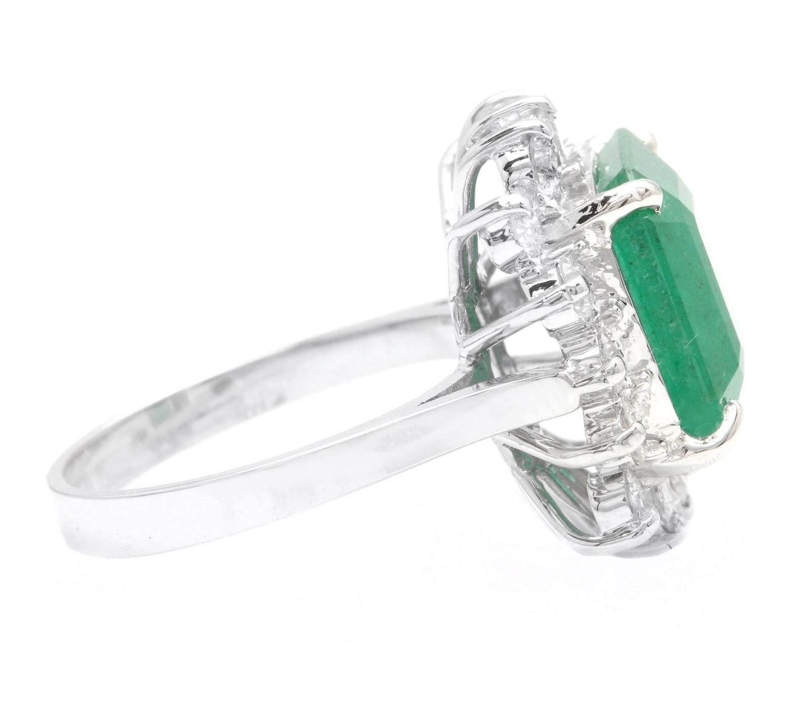 Mixed Cut 7.05 Carats Natural Emerald and Diamond 14K Solid White Gold Ring For Sale