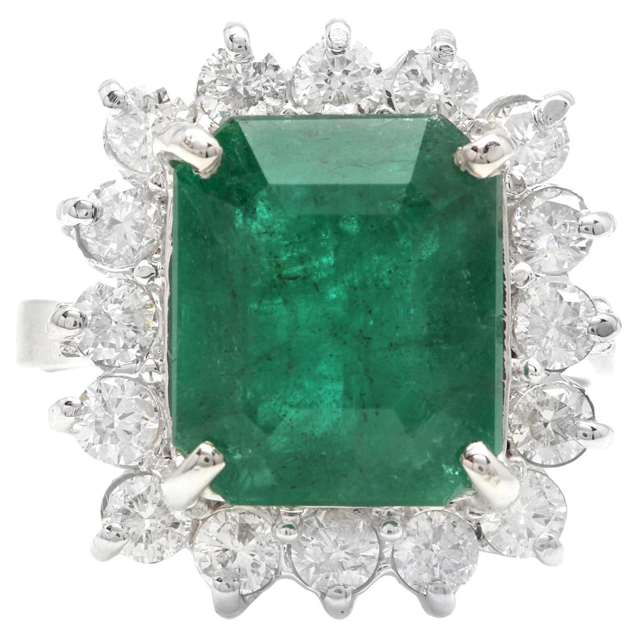 7.05 Carats Natural Emerald and Diamond 14K Solid White Gold Ring For Sale