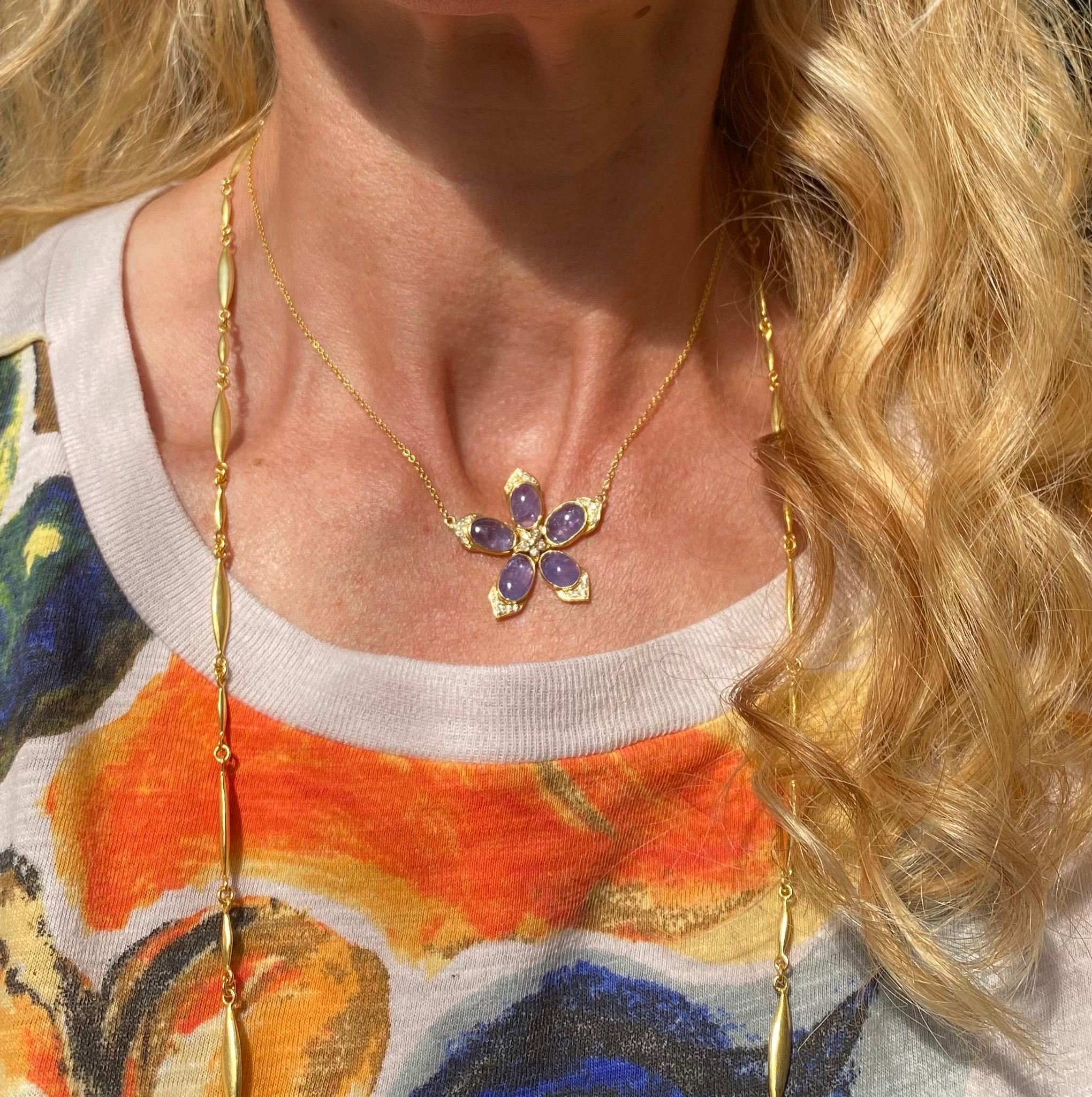 Cabochon 7.05cts Tanzanite, Diamond and Gold Flower Necklace by Lauren Harper For Sale
