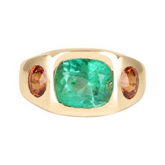 7.05tcw 14K 3 Stone Colombian Emerald & Oval Orange Sapphire Gypsy Bezel Ring