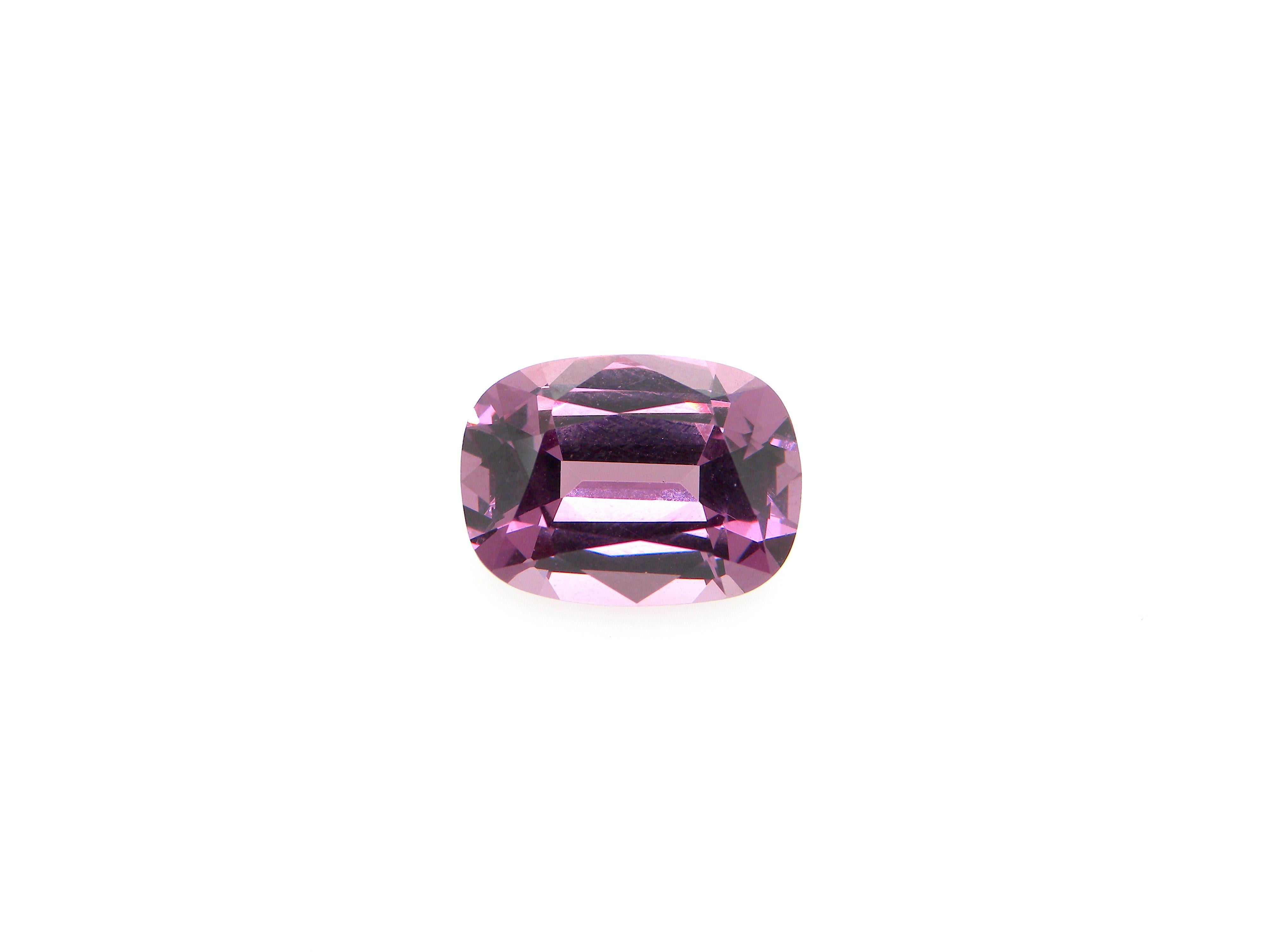 7.06 Carat GRS Certified Unheated Cushion-Cut Burmese Purple Pink Spinel:

An exquisite gem, it is a GRS certified 7.06 carat unheated cushion-cut Burmese purple-pink spinel. Hailing from the important Bawmar mine in Burma, the spinel possesses a