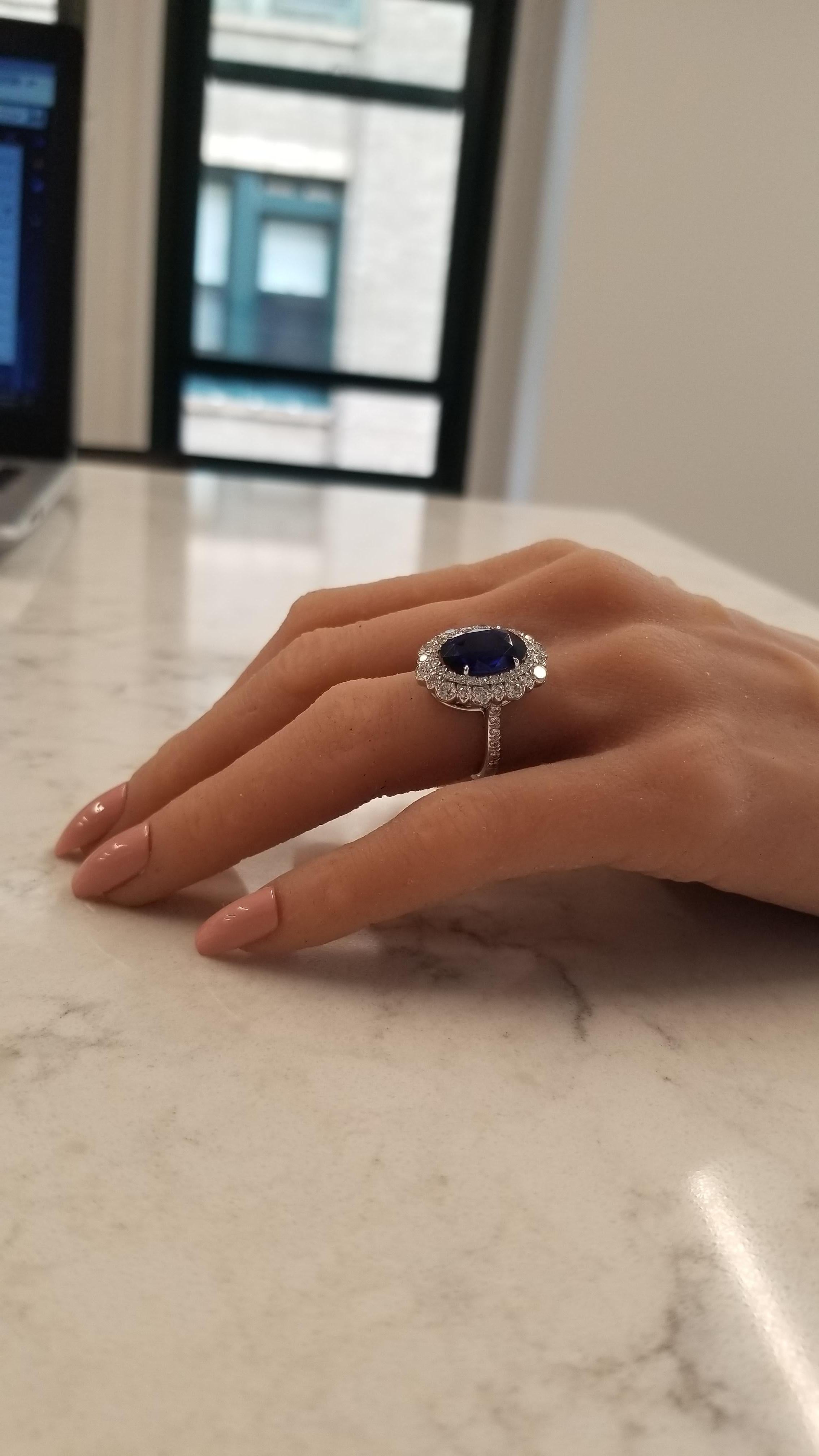 Oval Cut 7.06 Carat Oval Blue Sapphire and Diamond Cocktail Ring in 18 Karat White Gold