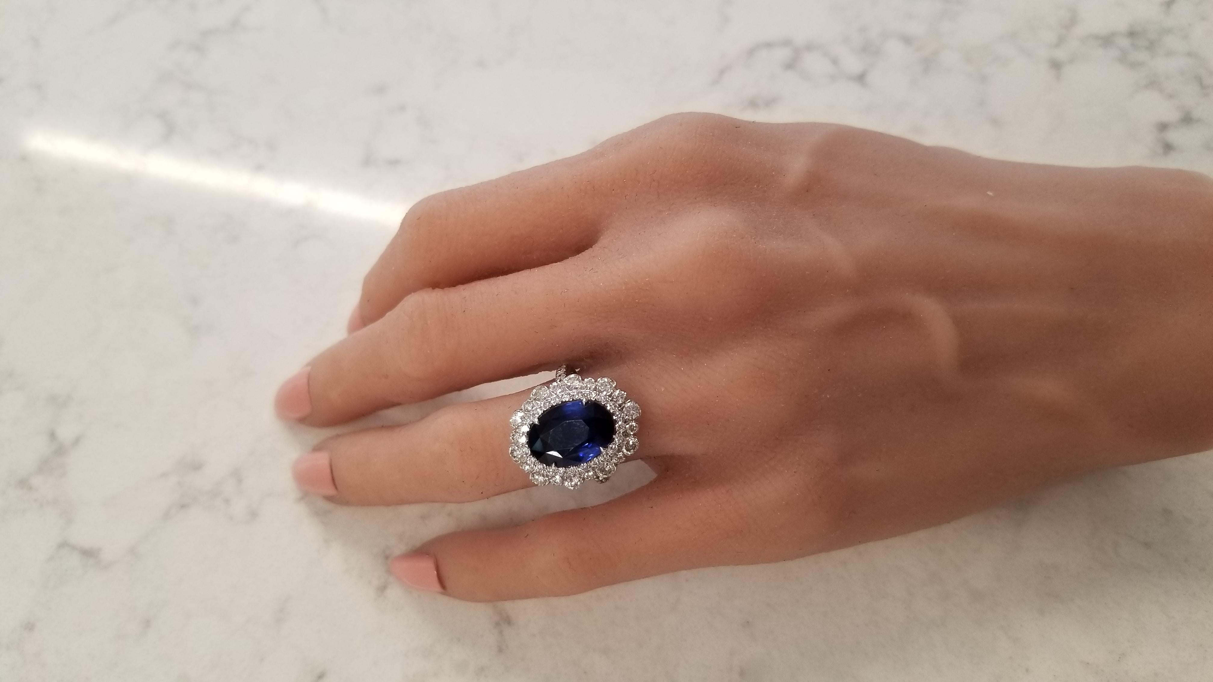 Women's 7.06 Carat Oval Blue Sapphire and Diamond Cocktail Ring in 18 Karat White Gold