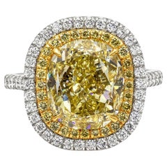 7.06 Carat Oval Halo Diamond Ring Fancy Yellow 14K White Gold