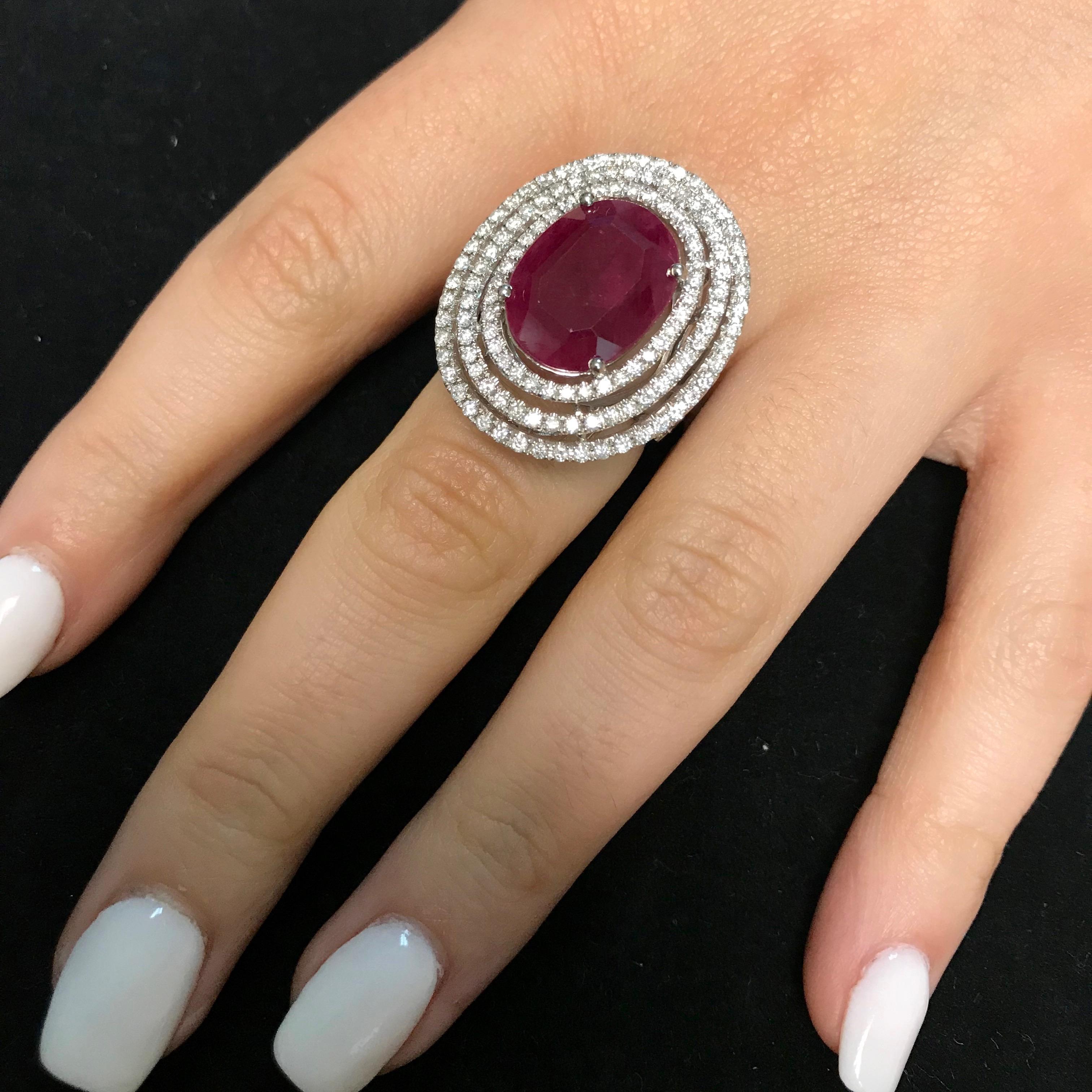 7.06 Carat Oval Ruby and 2.25 Carat White Diamond Ring In New Condition In GREAT NECK, NY