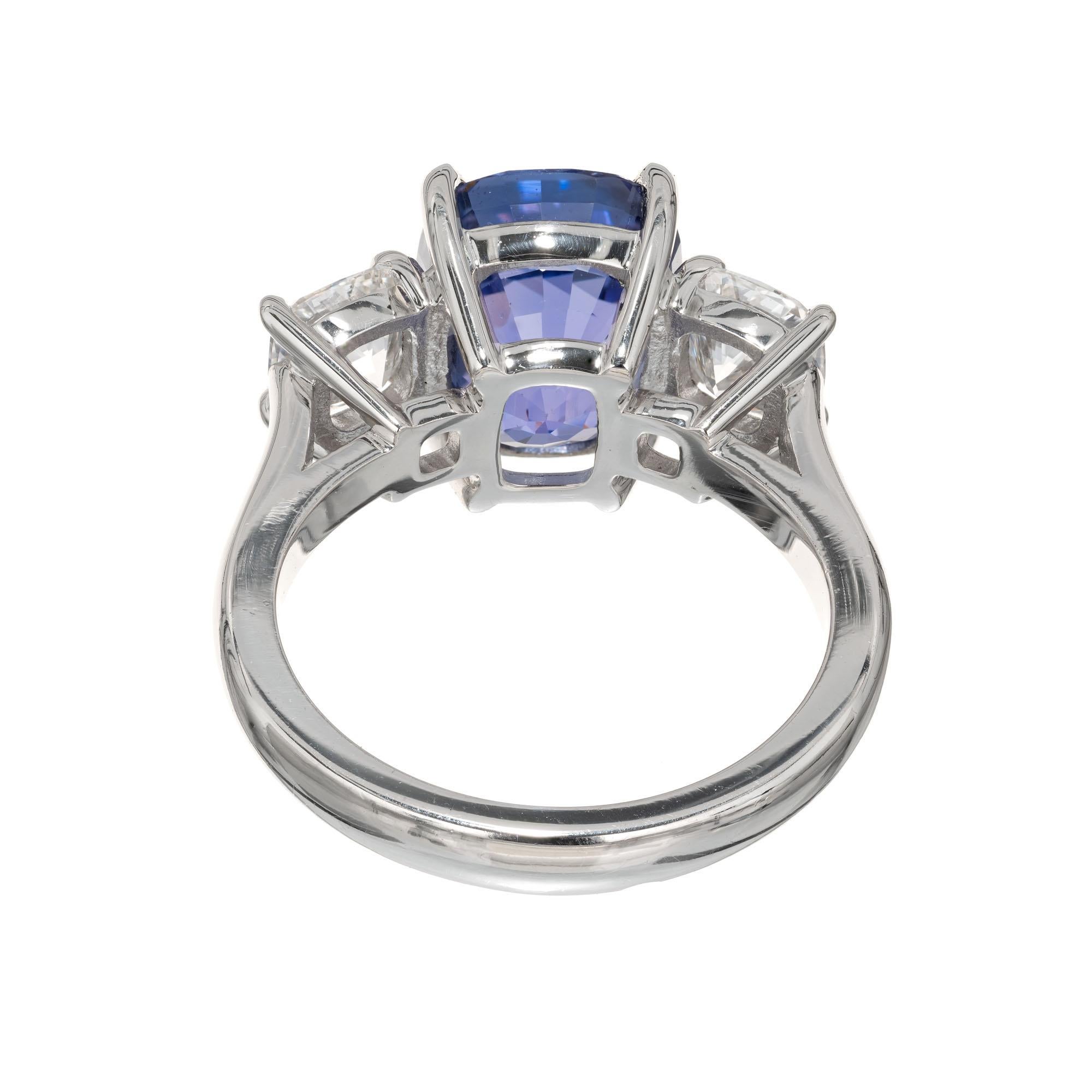 Cushion Cut 7.06 Carat Purple Sapphire Diamond Platinum Three-Stone Engagement Ring For Sale