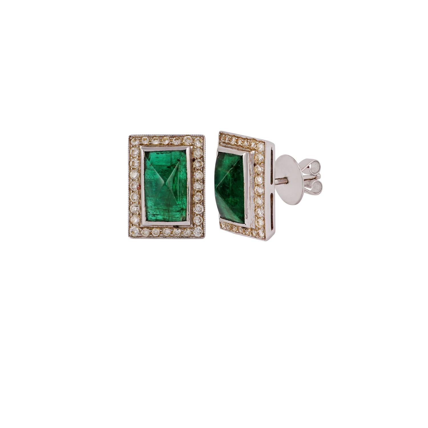 Contemporary 7.06 Carat Zambian Emerald and Diamond Stud Earrings  in 18 Karat White Gold For Sale