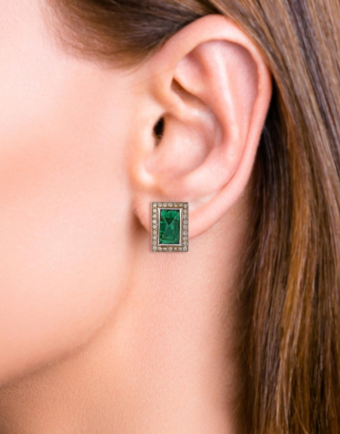 Sugarloaf Cabochon 7.06 Carat Zambian Emerald and Diamond Stud Earrings  in 18 Karat White Gold For Sale
