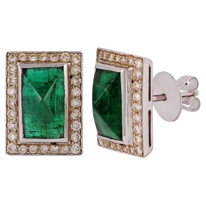 7.06 Carat Zambian Emerald and Diamond Stud Earrings  in 18 Karat White Gold For Sale