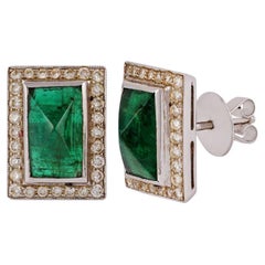 7.06 Carat Zambian Emerald and Diamond Stud Earrings  in 18 Karat White Gold