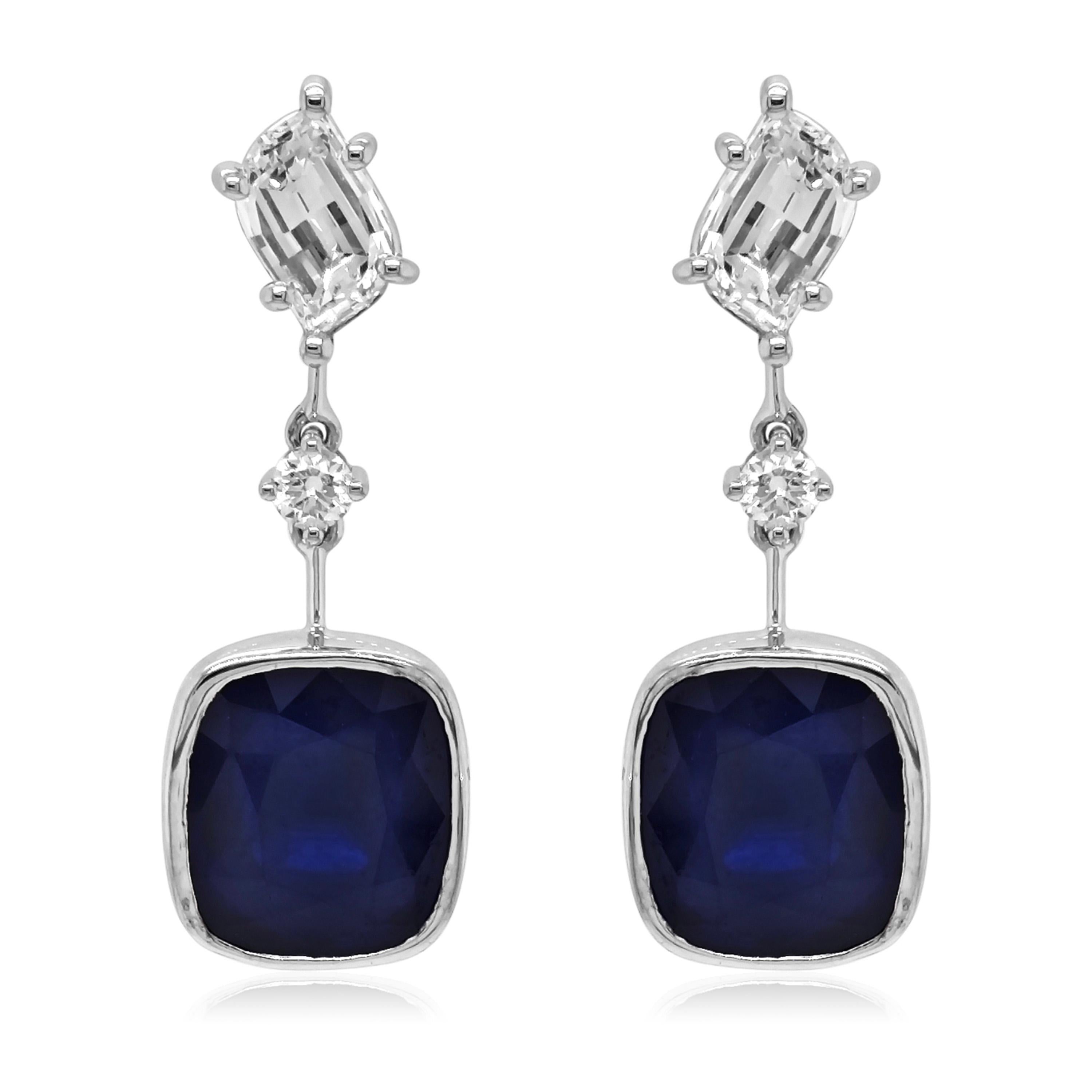 Mixed Cut 7.06 Carats Sapphire and White Diamond White Gold Earrings For Sale