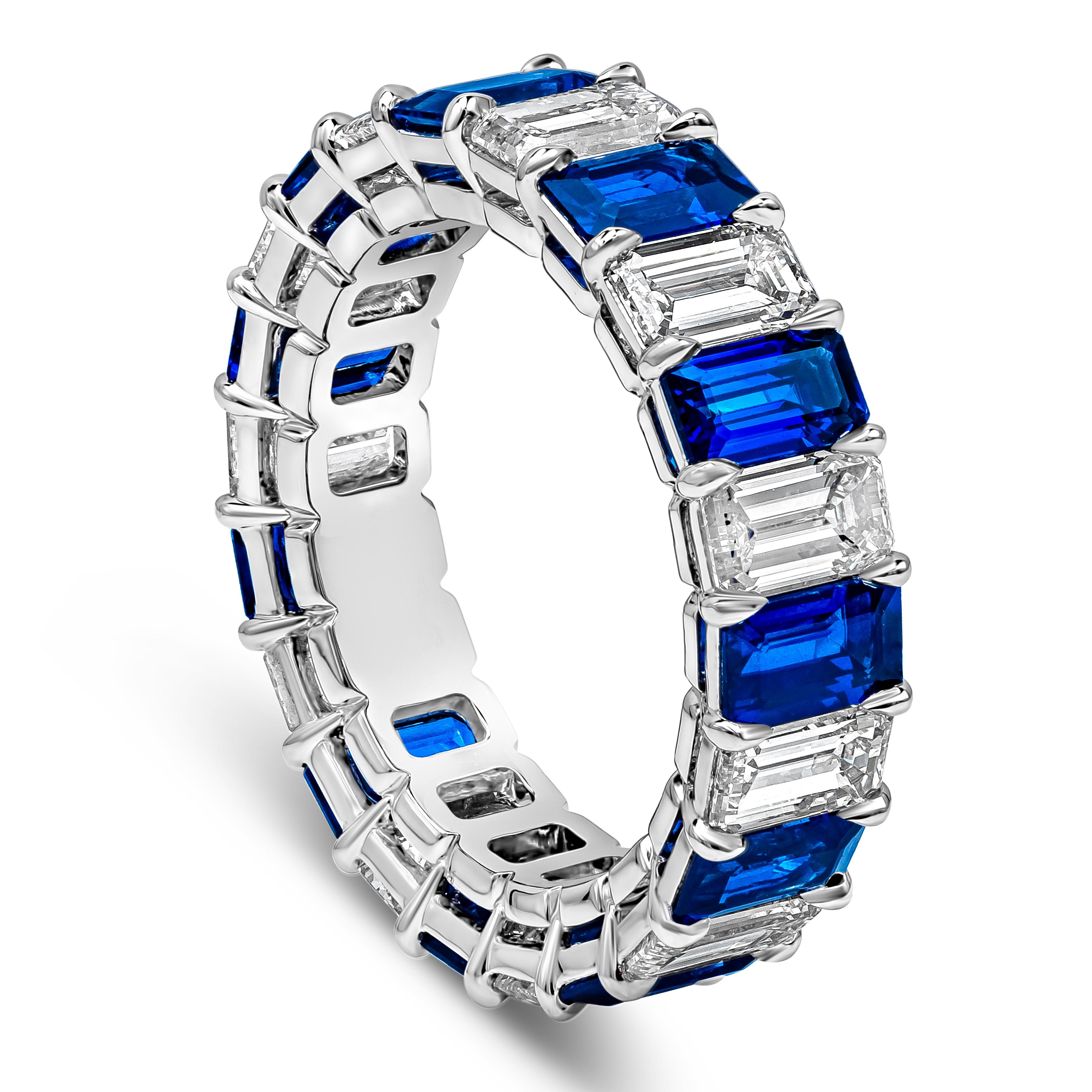A beautiful and vibrant eternity wedding band style showcasing alternating emerald cut blue sapphires weighing 3.71 carats total, high clarity, and emerald cut diamonds weighing 3.35 carats total, F+ Color and VS+ in Clarity. Set in a shared-prong,