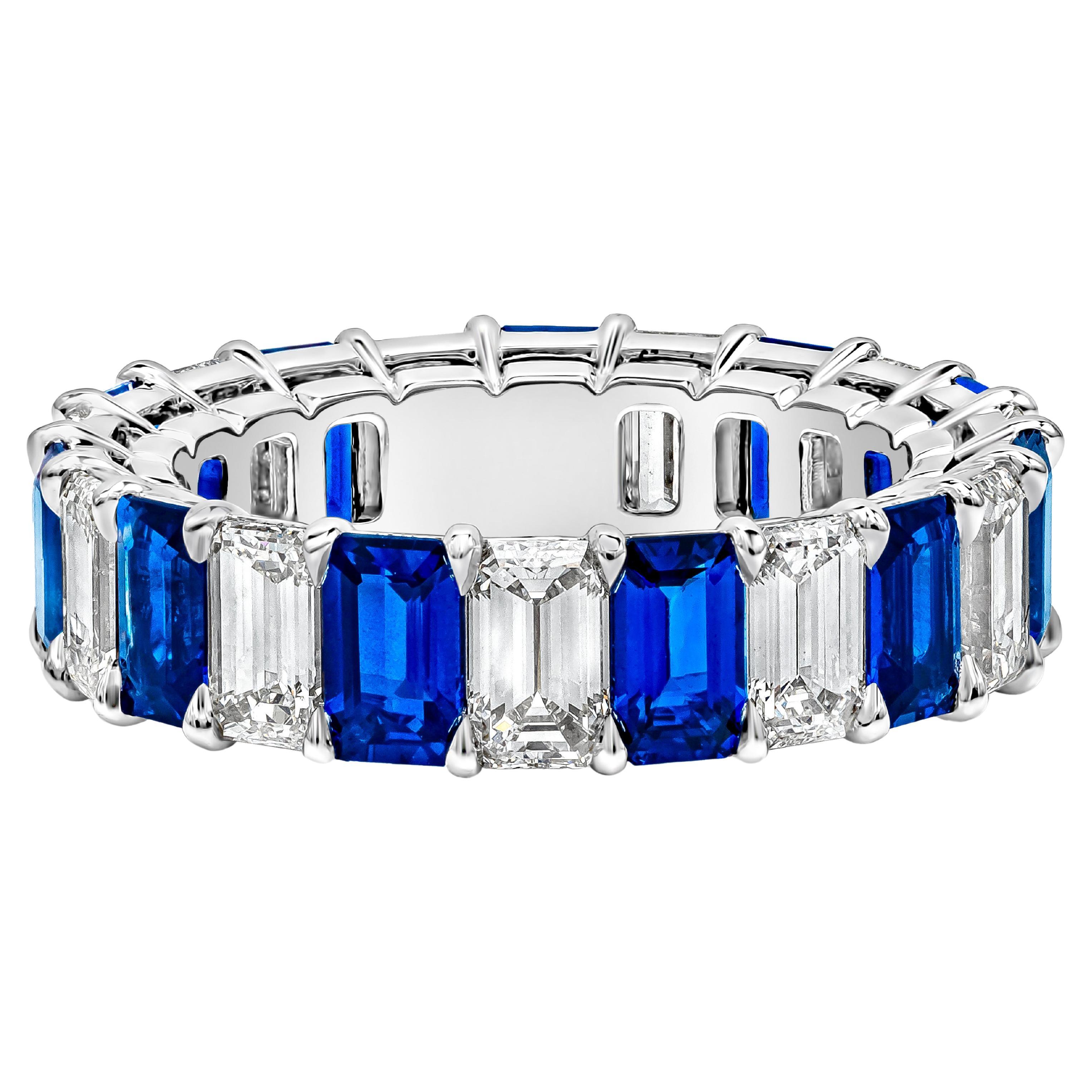 7.06 Carats Total Emerald Cut Alternating Blue Sapphire and Diamond Wedding Band For Sale