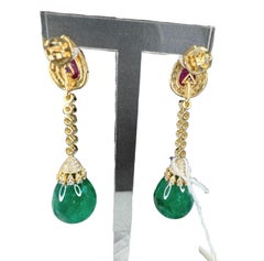 70.65 ctw Vintage Style Emerald, Ruby & Diamond Drop Earrings 18K Yellow Gold