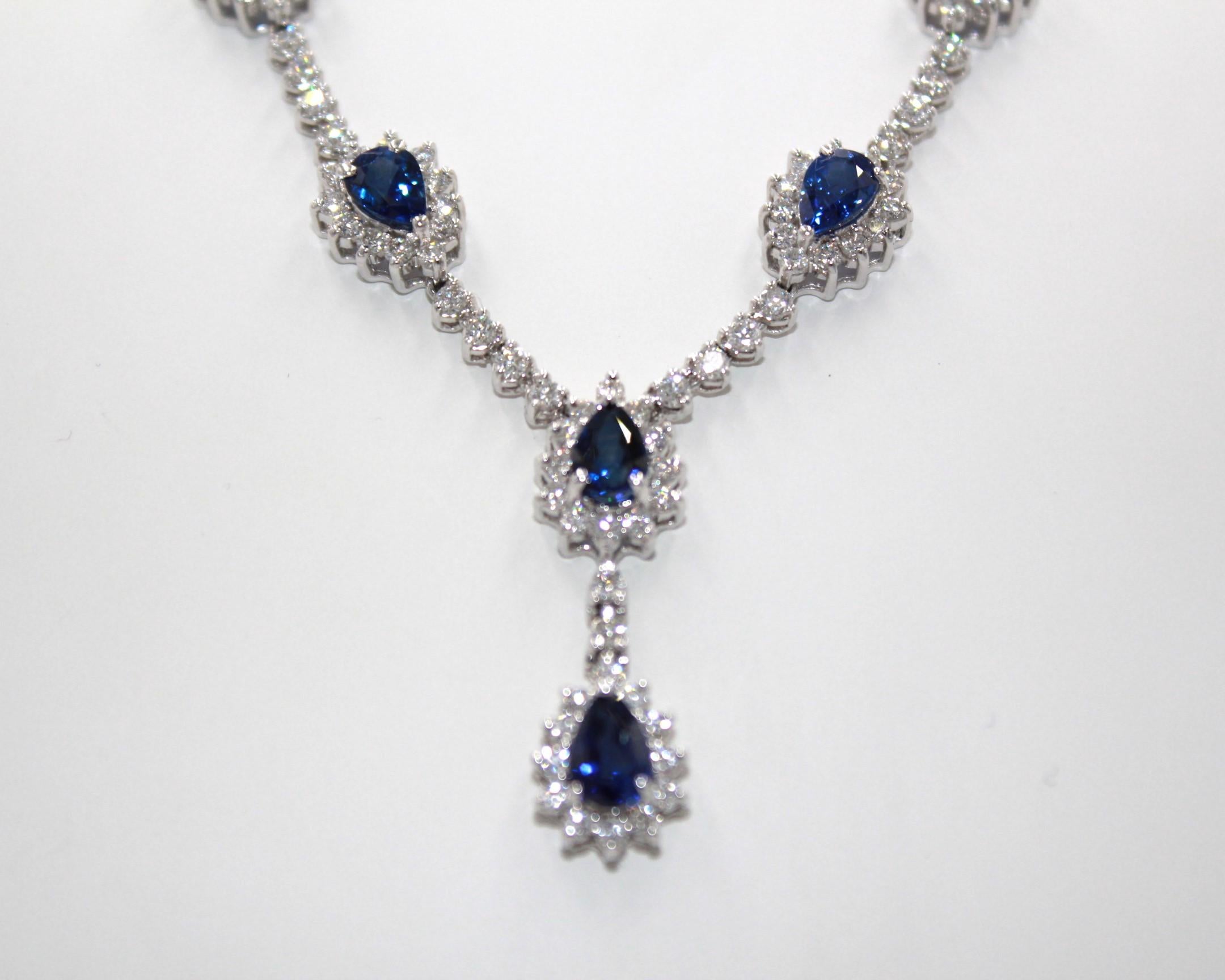 7.069 carats Pear shape Ceylon Sapphire with 208 round diamonds, totaling a diamond weight of 6.56 carats. 

This stunning Sapphire & Diamond Necklace will highlight your uniqueness and elegance. 

Item Details:
- Type: Necklace
- Metal: 18K Gold
-