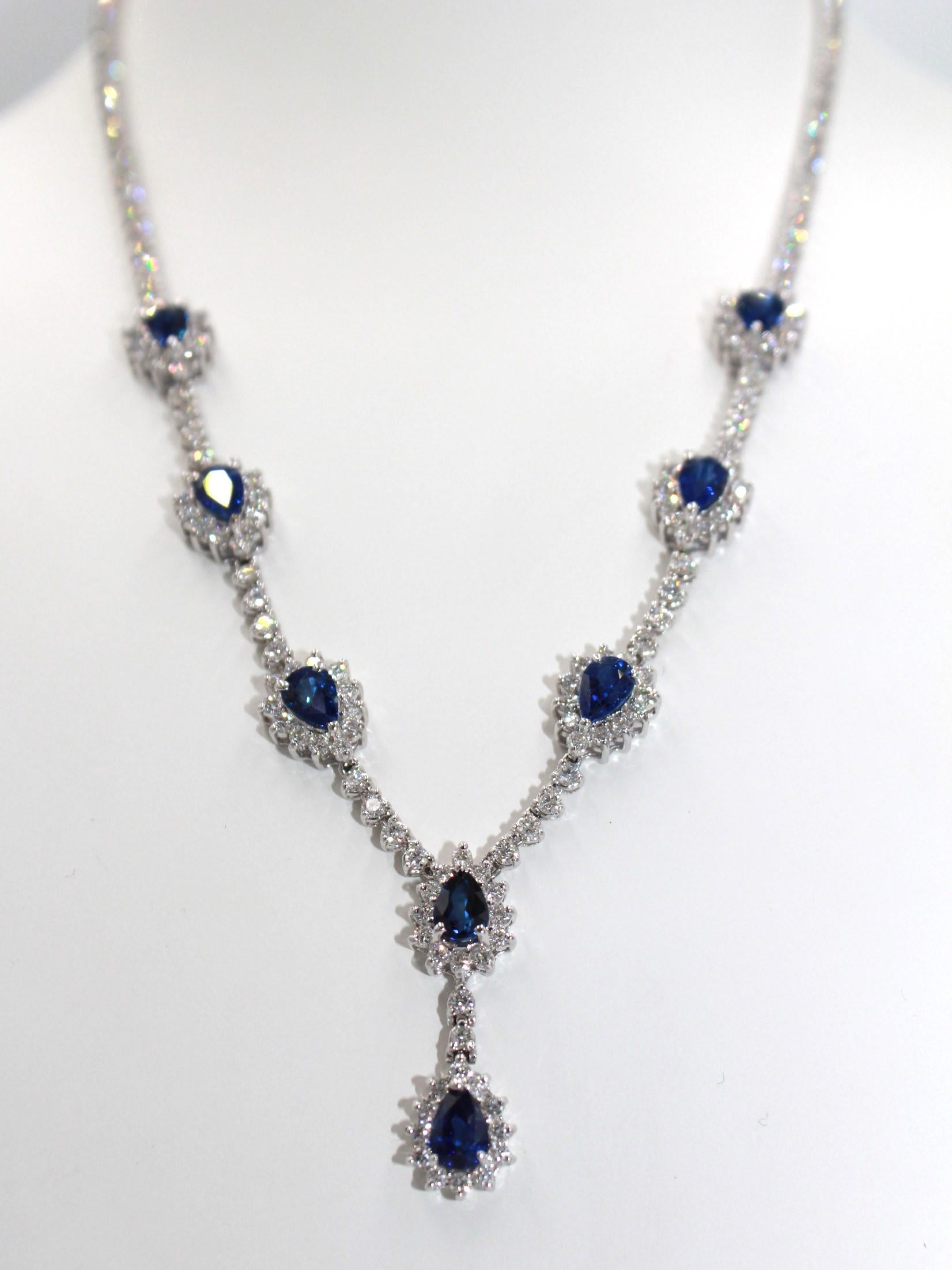 Pear Cut 7.069 Carat Sapphire Diamond Necklace For Sale