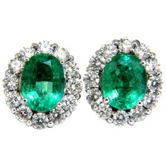 7.06ct Natural Vivid Green Emerald Diamonds Cluster Earrings 14kt Halo Classic