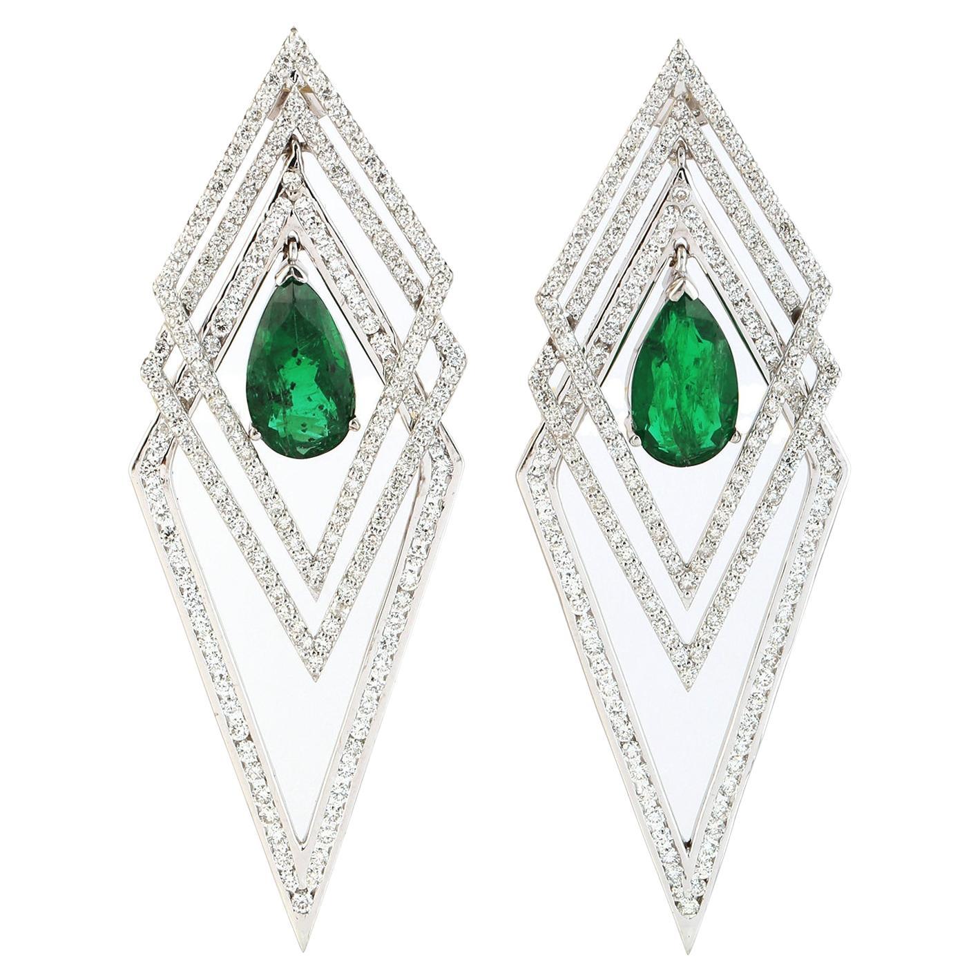 7.06ct Pear Shaped Emerald Dangle Earrings With Diamonds In Rhombus Design For Sale