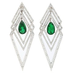 7.06ct Pear Shaped Emerald Dangle Earrings With Diamonds In Rhombus Design