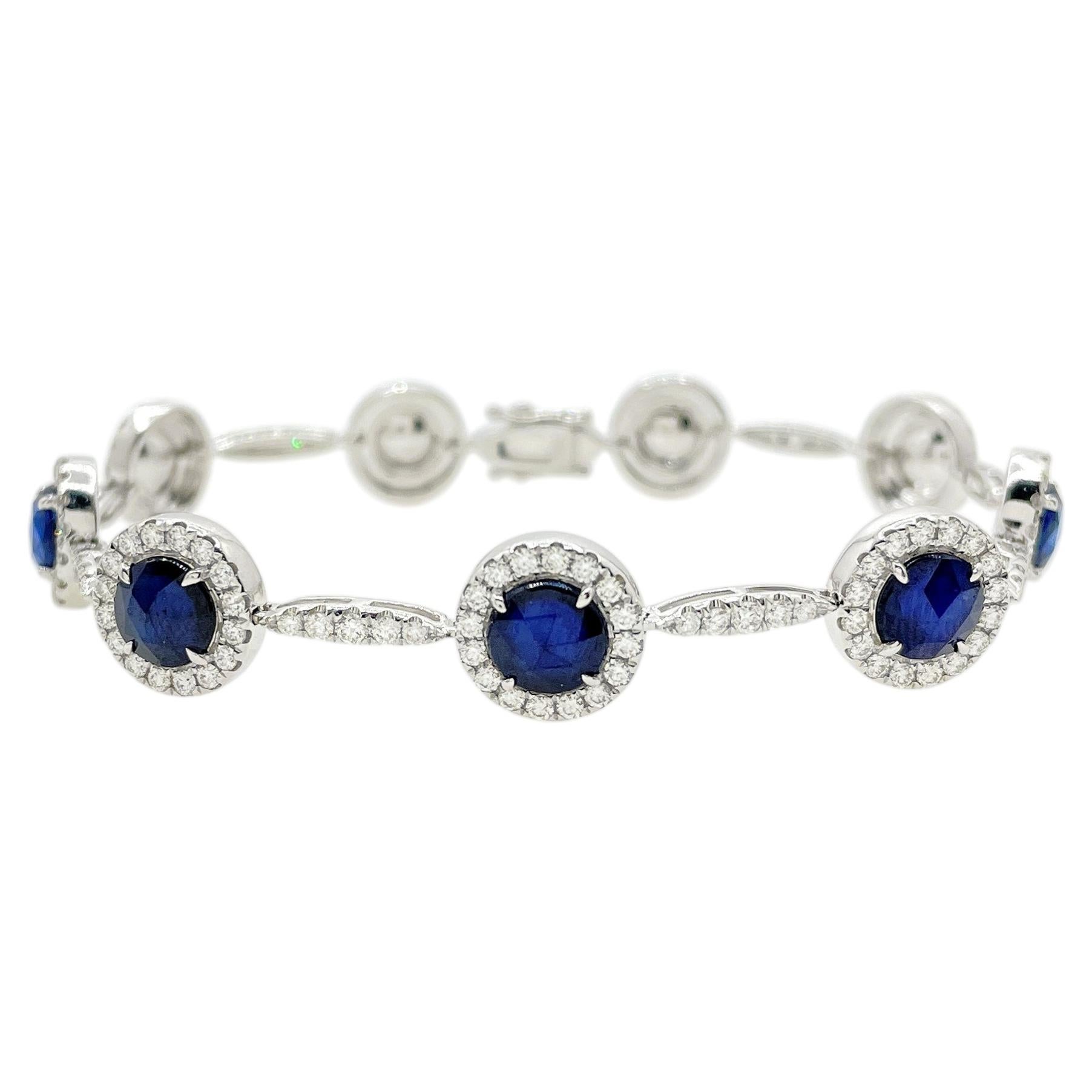 7.07 Carat Blue Sapphire Diamond Bracelet Elegant Fine Jewelry 18K White Gold